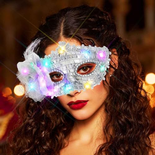 BODIY Light Up Masquerade Mask Halloween Black Venetian Masks Prom Costume Eye Mask for Women