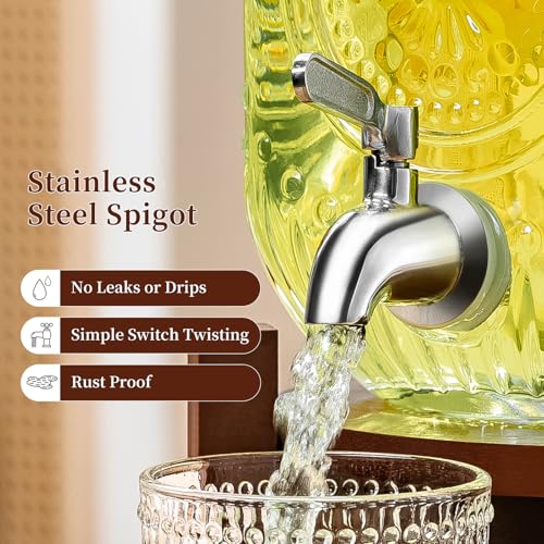 1 Gallon Glass Drink Dispenser with Acacia Wood Stand and Lid,Clear Embossed Beverage Dispenser with Stainless Steel Spigo...