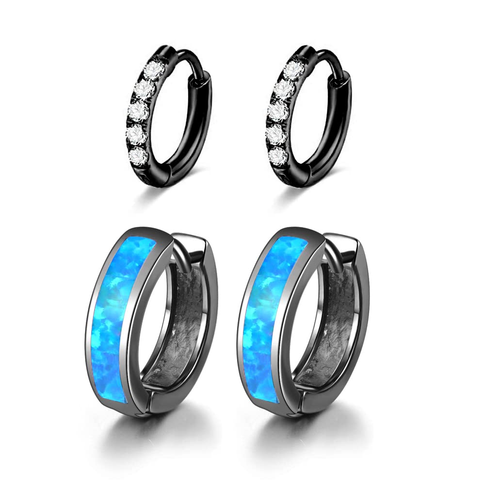 CiNily 2 Pairs Small Hoop Earrings Set Hypoallergenic Black Gold Plated Blue Opal Hoops Surgical Stainless Steel Cubic Zirconia