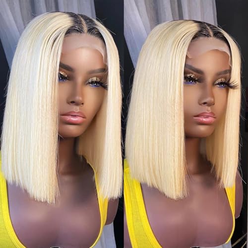 Ombre Blonde Bob Wig Human Hair Glueless 13x4 Lace Front Wigs Bleached Knots Pre Plucked Dark Roots 1B613 Blunt Cut Bob Wigs with Baby Full 180% Density Lace Frontal Wigs Middle Part 12¡±