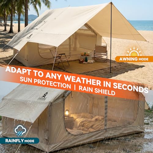 4 Person Inflatable Tent with Stove Jack & Canopy, 4 Season Glamping Air Tent with Panoramic Skylight, AC & Power Port, Wa...