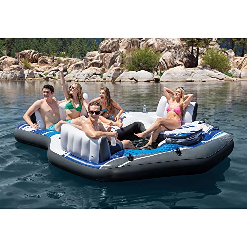 Intex Blue Tropic Inflatable 5 Person Raft or Swimming Pool Island Water Floating Lounger Raft with Backrests, Built in Co...