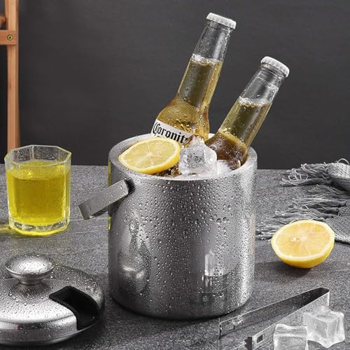 3 Liter Ice Bucket with Lid Scoop Tongs Strainer, Portbale Double Wall Stainless Steel Ice Container Freezer Drinks Cooler...