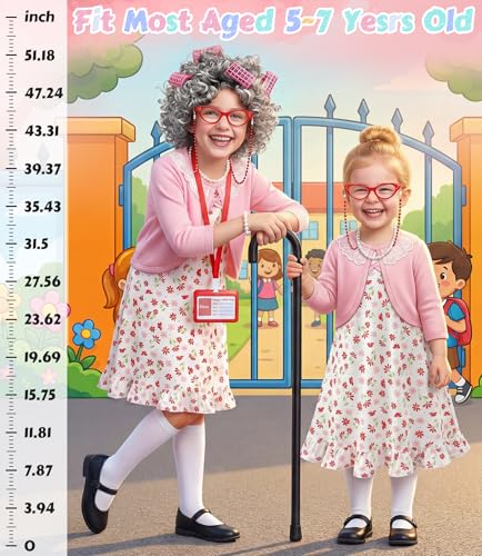 VGOFUN Old Lady Costume for Kids,100 Days of School Costume for Girls,100th Day Grandma Costume Granny Cosplay Dress Up Ou...
