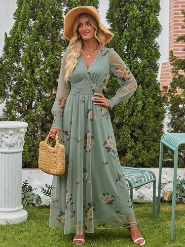 ANRABESS Women's Floral Maxi Dress 2025 Fall V Neck Puff Long Sleeve Flowy Casual Wedding Guest Tea Party Tulle Dresses