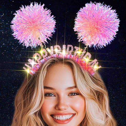 Uranian Light Up Happy Birthday Headbands Led Glitter Pompom Hairbands Glow Birthday Party Hair Accessories for Women