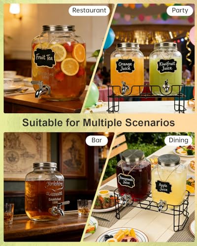 GVUHR 1 Gallon Drink Dispenser 2 Pack with Stand - Glass Beverage Dispenser for Parties, Juice, Water - Includes Spigot an...