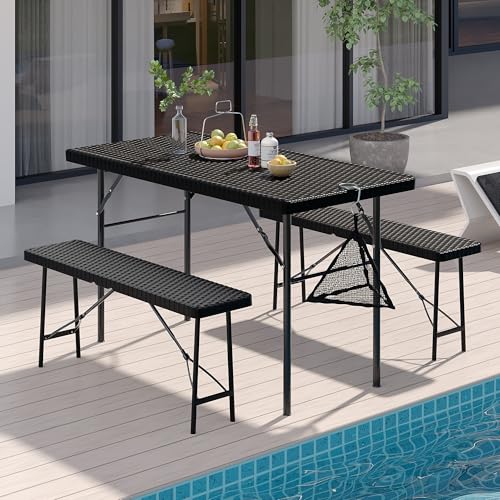 VECELO 3 Piece Folding Picnic Table with 2 Benches, 47.2" Faux Rattan Patio Set with Mesh Bag, Heat-Resistant & Waterproo...