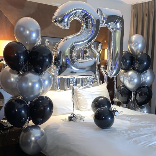 Black and Silver Balloons,65PCS 12 Inch Metallic Chrome Silver and Black Latex Balloons for Birthday Graduation Anniversar...