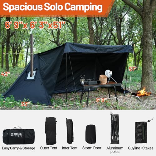 Hot Tent for 1-2 Person, PU3000mm Waterproof, Aluminum Poles for Winter Camping with Stove Jack (Fire-Resistant), Ventilat...