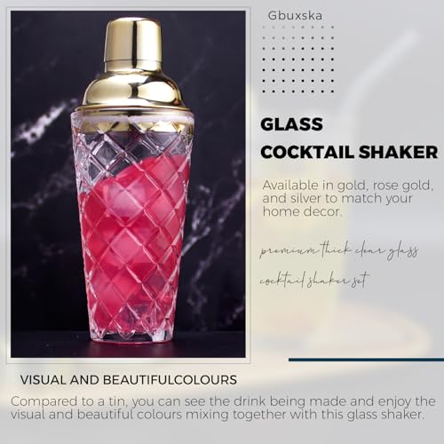 Gbuxska Gold Cocktail Shaker Set - Premium Glass Bartender Kit with Measuring Jigger, Mixing Spoon, and Muddler