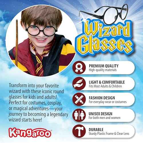 Kangaroo Wizard Glasses for Kids - Round Wizard Round Glasses Costume - Black Fake Circle Frame - Boys & Adults Halloween Costume Cosplay - Apparel