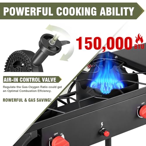Bestfire 2 Burner Propane Camping Stove with Auto Ignition, 150,000 BTU High Power Outdoor Cooker, Portable Gas Stove with...