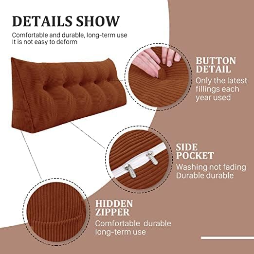 Wedge Headboard Pillow Dorm Room Reading Pillow Back Support for Sitting Up in Bed Bolster Lumbar Cushion Body Positioning Bedrest Corduroy (Coffee, Queen (59 * 8 * 20in))