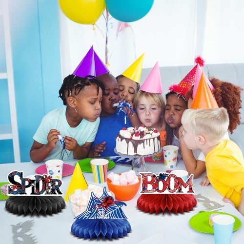 Outus 9 Pcs Spider Birthday Party Decorations Spider Honeycomb Centerpiece 3D Table Topper Standing Decorations Hero Web T...