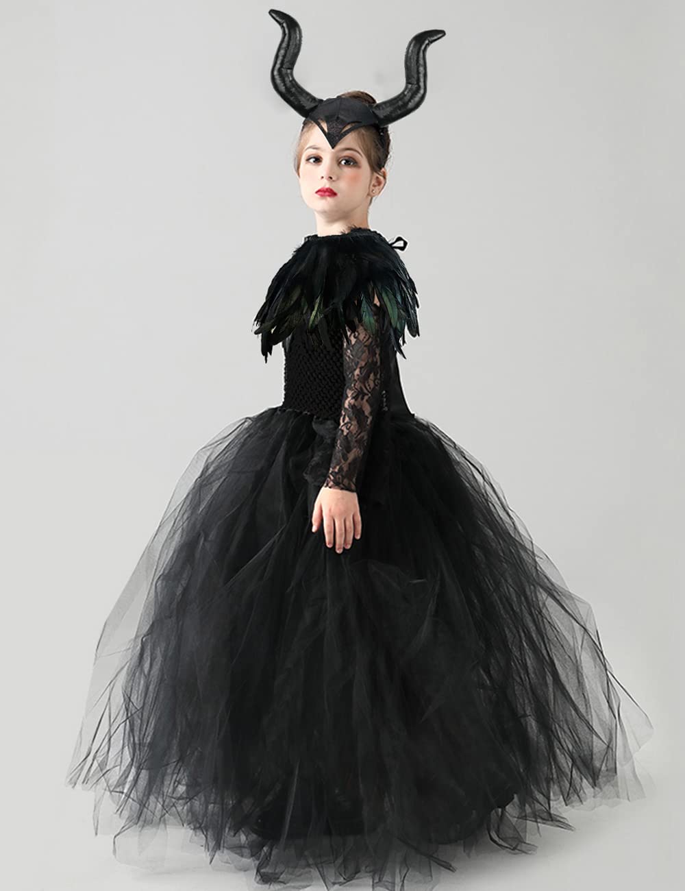 L'VOW Flower Girls Dress Princess Lace Tutu Tulle Dresses for Halloween with Demon Horns Feather Cape Costume Set-100