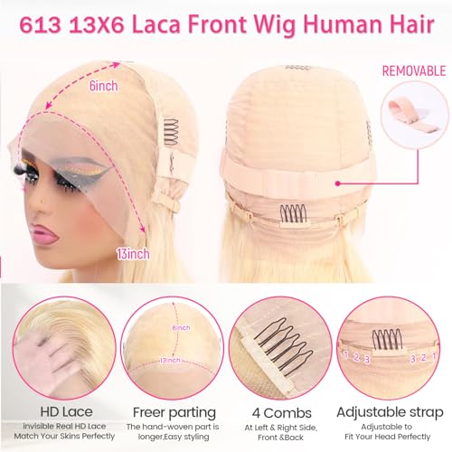 613 Lace Front Wig Human Hair 200 Density 13x6 Body Wave Blonde Wig Human Hair 613 HD Blonde Lace Front Wigs 613 Lace Frontal Wigs Pre Plucked for Women (20 Inch)