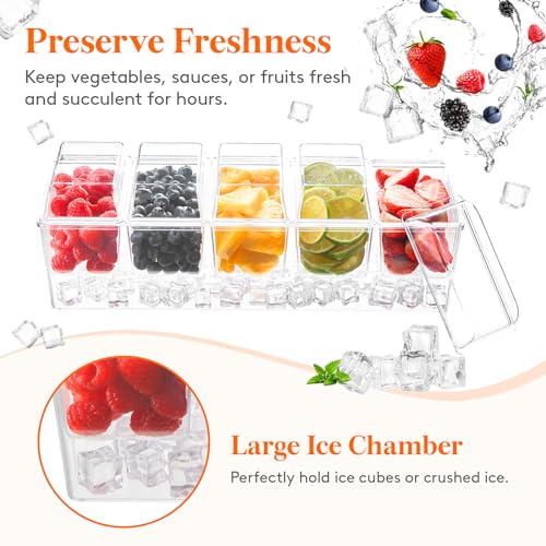 Lifewit Ice Chilled Condiment Caddy with 5x 20oz(2.5 cup) Containers, 15.3" Condiment Server with Separate Lids, Serving T...