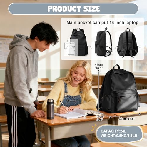 VECAVE School Backpack Black Waterproof Bookbag Casual Lightweight Travel Rucksack Daypack Backpacks for Men Women College...