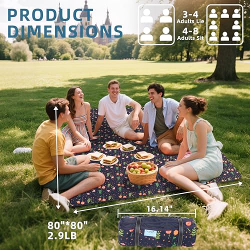 80x80” Double Thickened Picnic Blankets(150g High Density Cotton Stuffed) Navy Blue Floral Pattern Outdoor Picnic Mat Port...