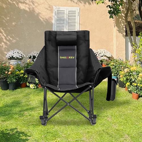 Unisakey Oversized Rocking Camping Chair with Headrest & Cup Holder - 400lbs Capacity, 600D Oxford Fabric, Easy Fold Porta...