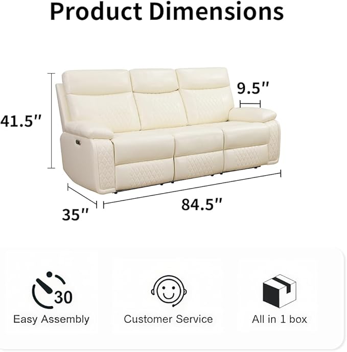 Toseslo Power Recliner Sofa Sectional Couches with LED Light, Leather Reclining 3-Seat Sofa, Living Room Furniture, Reclining Sofa with Cup Holders/Storage Console for House(Vanilla White)