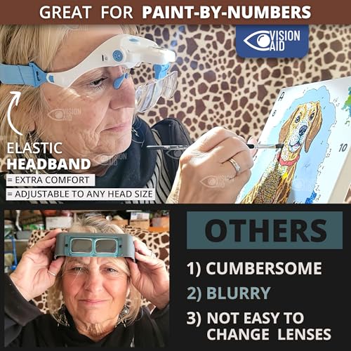 Vision Aid Magnifying Glasses with LED Light 5 Lenses Headband Case Hands Free Illuminated Optivisor Head Magnifier for Ho...