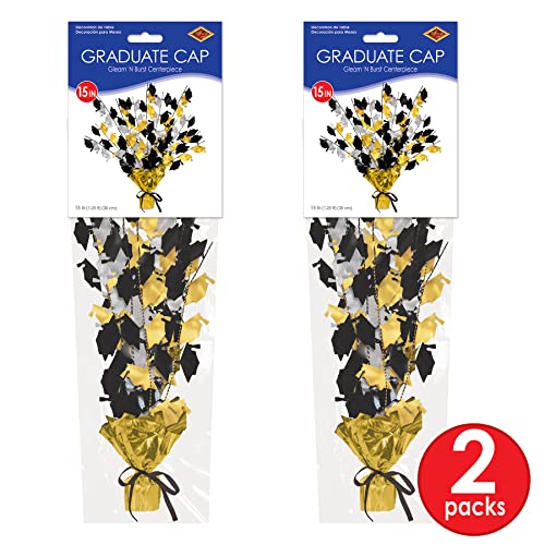 Beistle 2-Pack Metallic Gleam ’N Burst Centerpiece, Black/Gold/Silver Table Decor for Graduation Party with Mini Grad Cap...