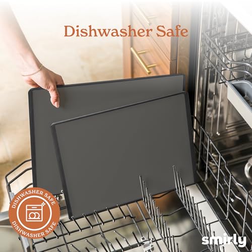 SMIRLY Plastic Cutting Board Set with Holder 3 Pieces, Non-Slip Dishwasher Safe Chopping Boards for Kitchen, Dark Grey