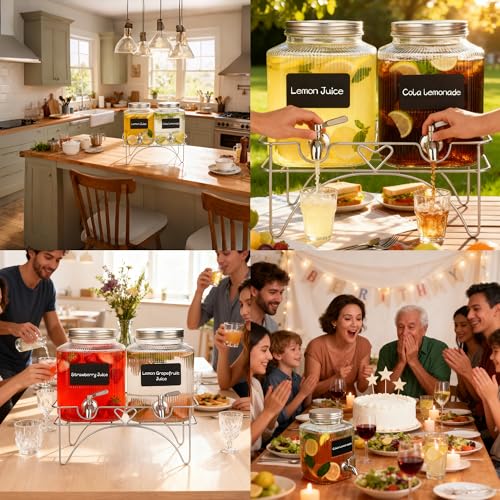 Lulonpon 2 x 4L(1.06 Gallon) Glass Drink Dispenser, Beverage Dispenser with Stainless Tap, Glass Water Juice Dispensers wi...