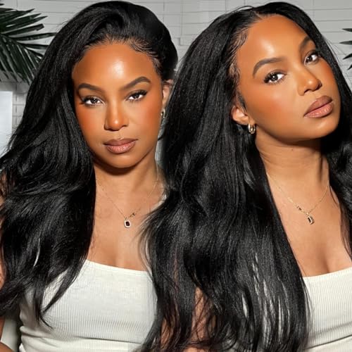 Sunber V Part Wig Human Hair Glueless Wig Kinky Straight Upgrade No Leave Out Vpart Kinky Straight Wigs 150% Density Glueless Clip in Half Wigs No Glue No Sew in Beginner Friendly 18Inch