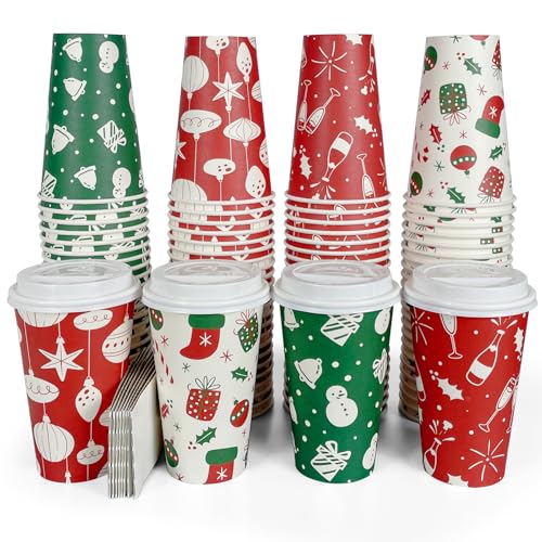 FUNPAK Christmas To Go Coffee Cups with Lids 16 oz Insulated Cups, 100 Packs Hot Cup for Chocolate/Coffee/Tea/Water/Juice,...
