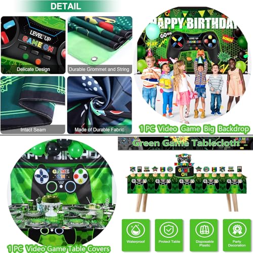 64 Pieces Video Game On Theme Party Supplies Sett: Decorations with Happy Birthday Gaming Backdrop, Game Table Covers, Cak...