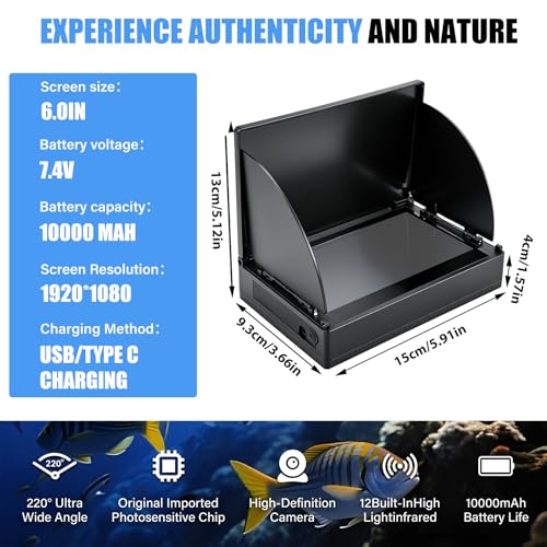 Underwater Fishing Camera,6 Inch Fish Finder Depth Finder, Portable Fishfinder with 1280 * 720 AHD Display, 80FT/Waterproo...