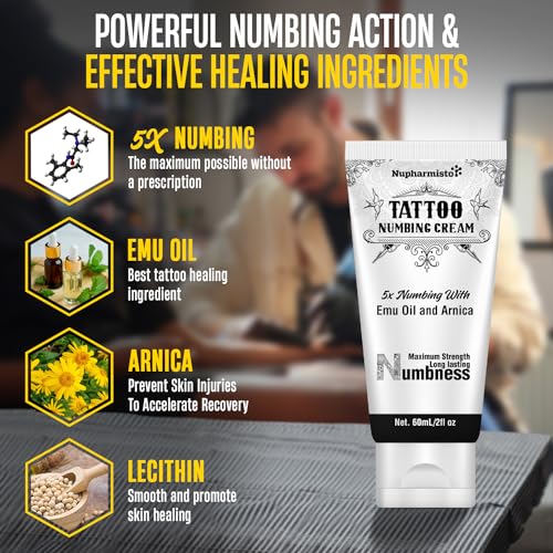 6 Hours Tattoo Numbing Cream (2oz/ 60ml), Maximum Strength Painless Tattoo Numbing Cream, Numbing Cream for Tattoos Extra Strength with 5x Numbing, Emu Oil and Arnica. 2oz/ 60ml