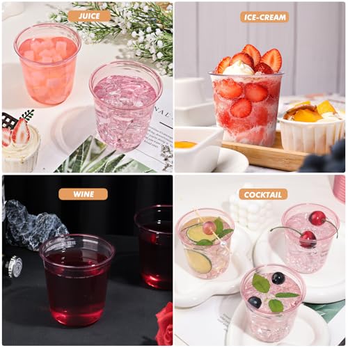 KesaPlan 50 Pcs Pink Plastic Cups, 12oz Disposable Stemless Wine Glasses for Cocktail Cute Clear Cocktail Wine Glasses Pin...
