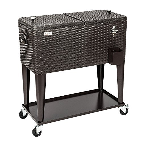 VINGLI 80 Quart Rolling Ice Chest on Wheels, Portable Patio Party Bar Drink Cooler Cart, Wicker PP Rattan with Shelf, Beve...