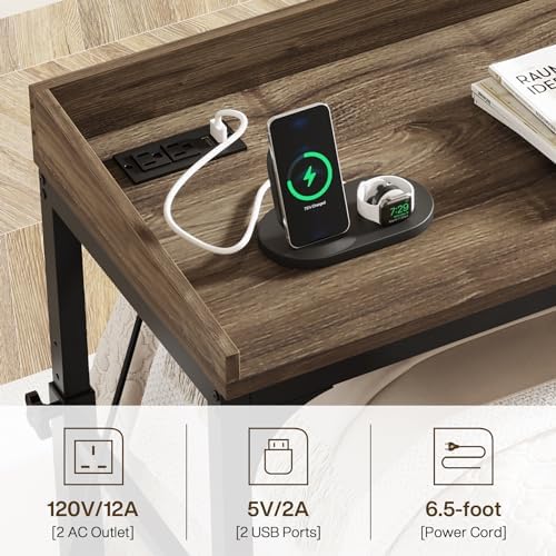 LITTLE TREE Overbed Table with Wheels Adjustable Height, Portable Rolling Table with Outlets & USB Ports for Queen Bed, Giant Computer Desk with Tilt Stand
