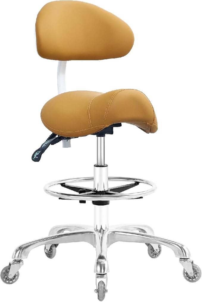 Nazalus Saddle Stool Chair with Back Support Footrest, Heavy-Duty(350LBS), Hydraulic Rolling Swivel Adjustable Stool Chair for Salon Spa Beauty Massage Dental Clinic Home Office Use(Camel)