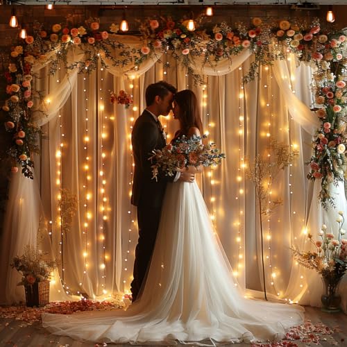 ESGOTBME 10x10ft White Tulle Backdrop Curtain with Lights String for Wedding Parties Sheer Curtain Backdrop for Birthday P...