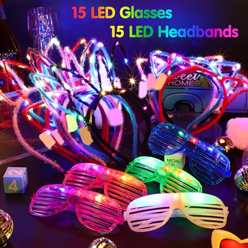 Honoson 15 Pcs LED Light up Glasses 15 Pcs Cat LED Cute Headband Cat Ears Sunglasses Glow in the Dark Party Supplies(shor...
