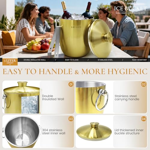 LRYYBTI Ice Buckets for Parties with Lid,Tongs and Strainer (3L/Gold) Double Wall Stainless Steel Ice Bucket Keeps Frozen ...