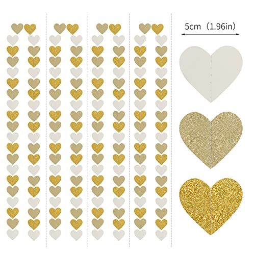 White-Gold Champagne Party-Decorations Heart Streamers Garland - 52Ft Christmas Wedding Engagement Hanging Paper Banner,Ba...