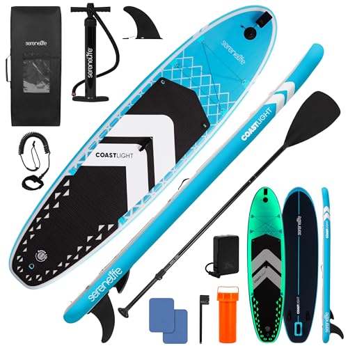 SereneLife Inflatable LED Lighted Stand Up Paddle Board 10’6” - Stable 32” Wide SUP with Non-Slip EVA Deck, Complete Paddl...