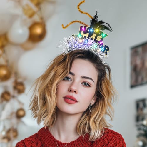 Abien Light Up Happy New Year Headbands Glitter Beer Hairband LED Hat Feather Headhoop New Year Party for Women
