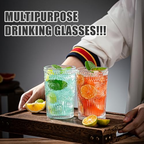 Claplante Vintage Highball Glasses, Set of 8 Glass Drinking Glasses, 13.5 oz Durable Drinkware Cups for Cocktails, Water, ...