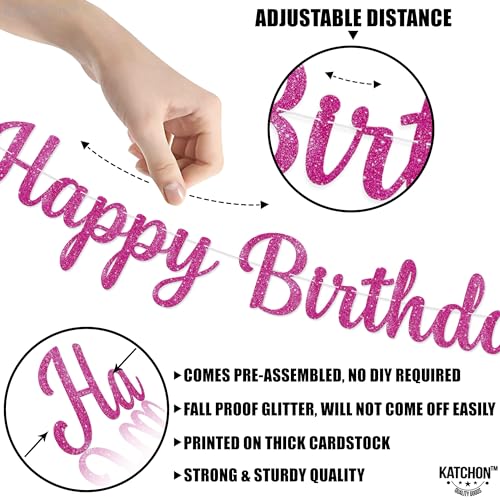KatchOn, Glitter Hot Pink Cursive Happy Birthday Banner - Pre-Strung, 10 Feet | Birthday Decorations for Women, Girls | Hb...