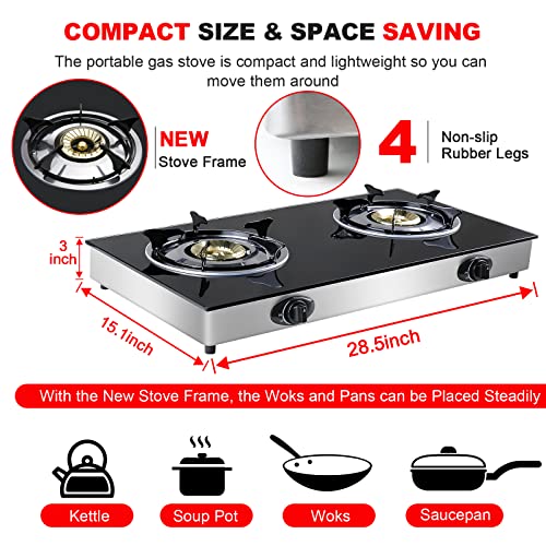 forimo Propane Gas Cooktop 2 Burners Gas Stove portable Tempered Glass Double Burners Stove Auto Ignition Camping Double B...