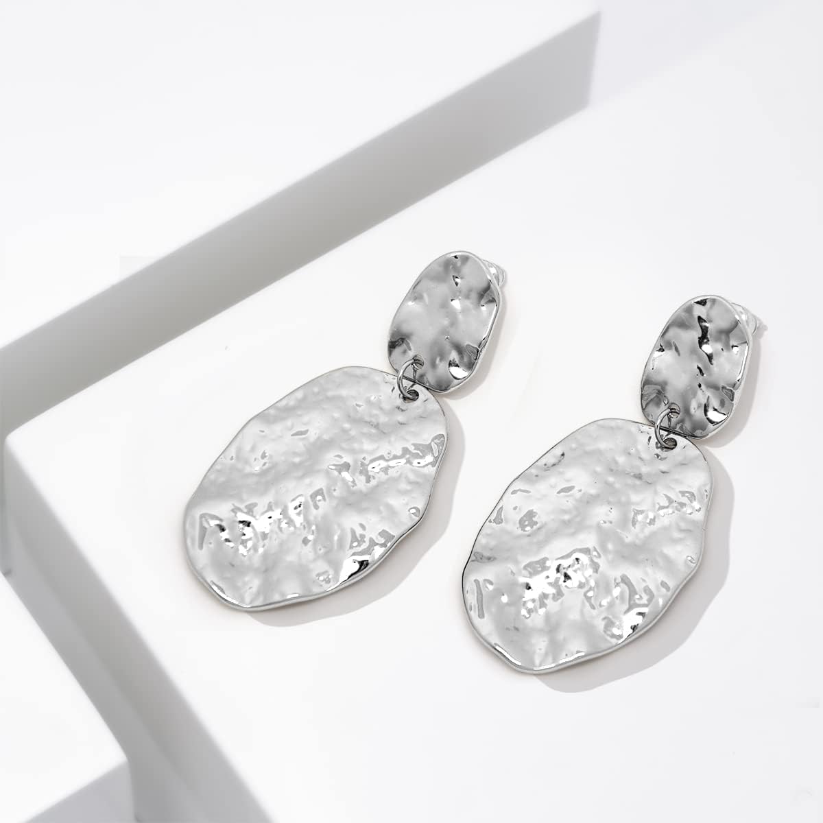 Silver Statement Earrings Hammered Big Drop Dangle Earrings for Women Silver Jewelry