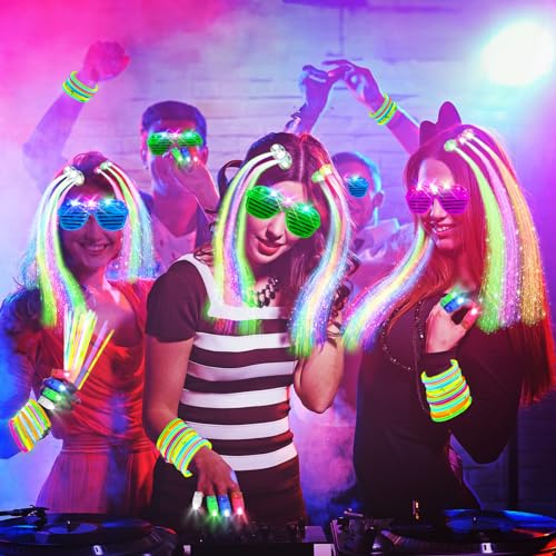 SHQDD 158 PCS Glow in the Dark Party Supplies, 14PCS LED Glasses, 30LED Finger Lights, 14LED Light Hairs and 100PCS Glow S...